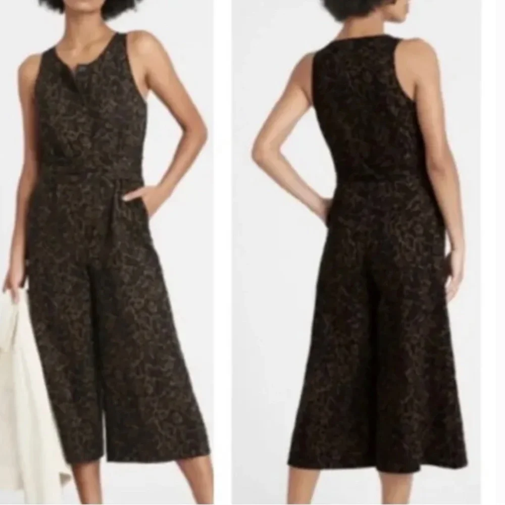 Banana Republic Leopard Linen Blend Wide Leg Cropped Jumpsuit Fall Size 10